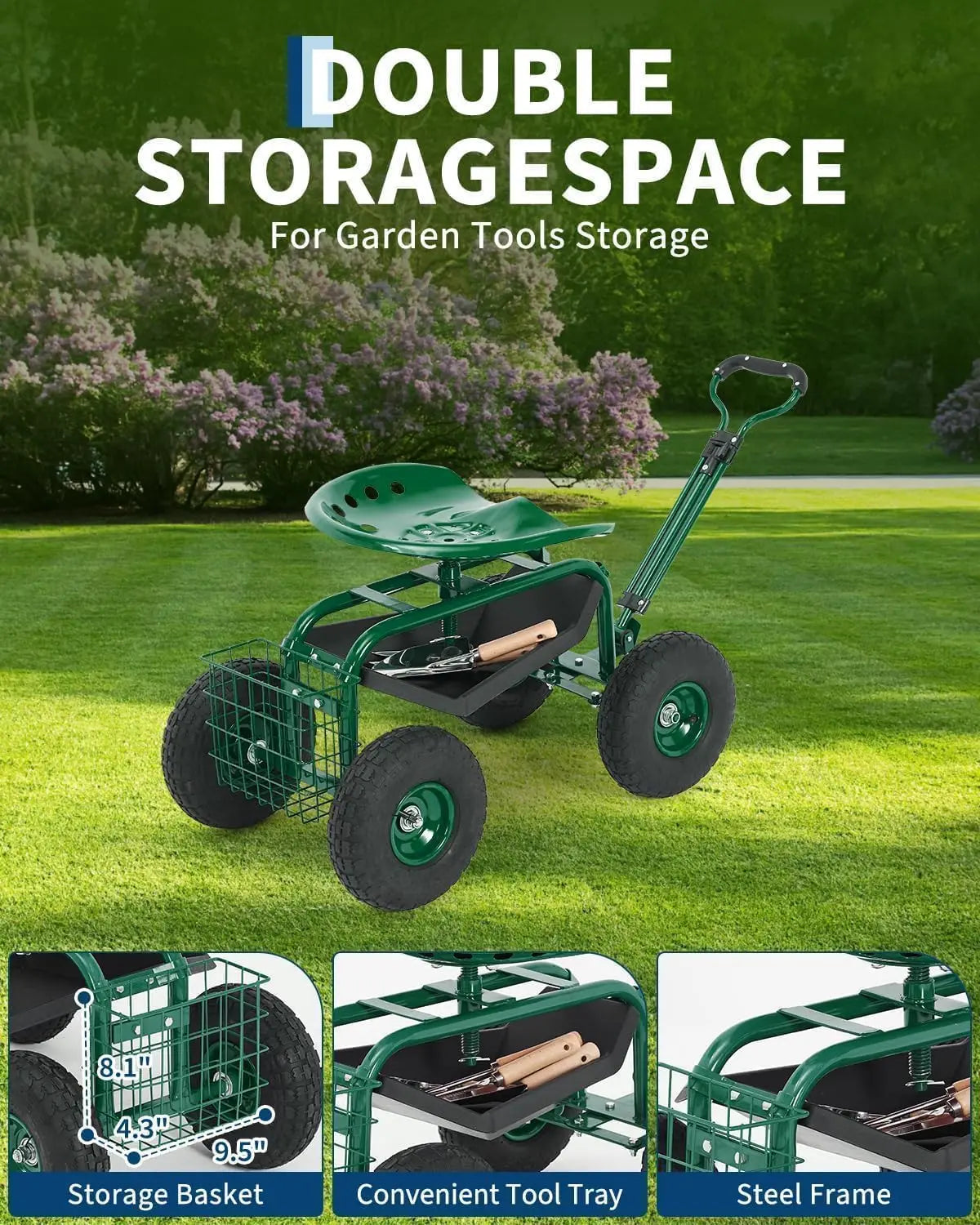 Rolling Garden Cart with Seat Garden Workseat with 360-Degree Swivel Height Adjustable Rolling Garden Stool Extendable Handle for Lawn Patio
