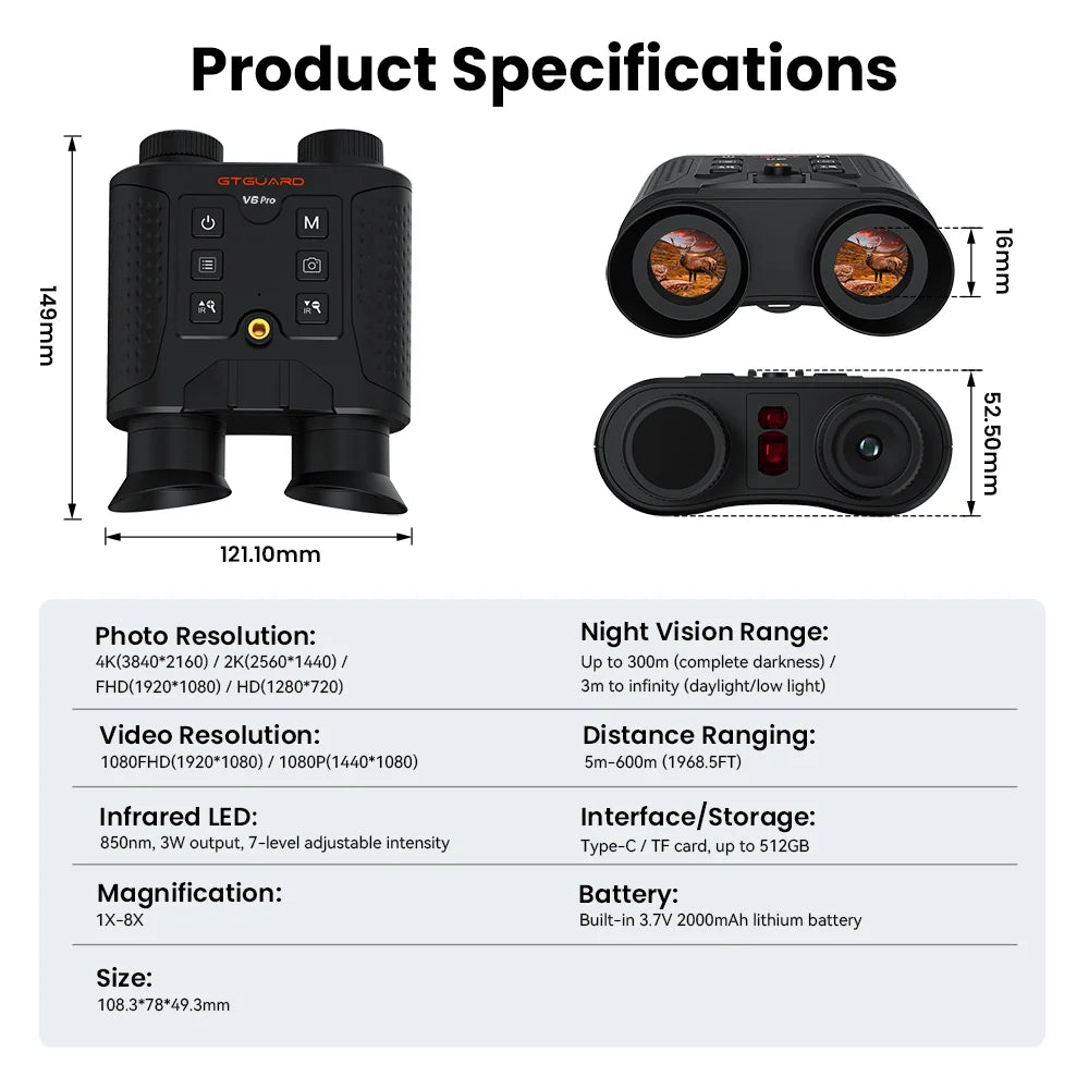 Night Vision Goggles GTGUARD V6 PRO 8X Digital Zoom Head-mounted Binoculars Telescope Crosshair Ranging Distance Measurement Support Helmet-mounted Hiking Animal Observation
