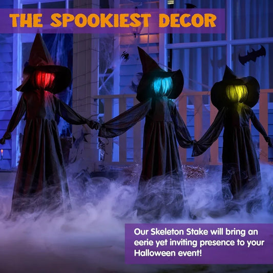 3 Pack 51'' Halloween Witch Decorations Outdoor Yard Stakes, Multicolored Light Up Flying Witch with Sound Activation, for Halloween Graveyard Lawn Yard Garden Decorations