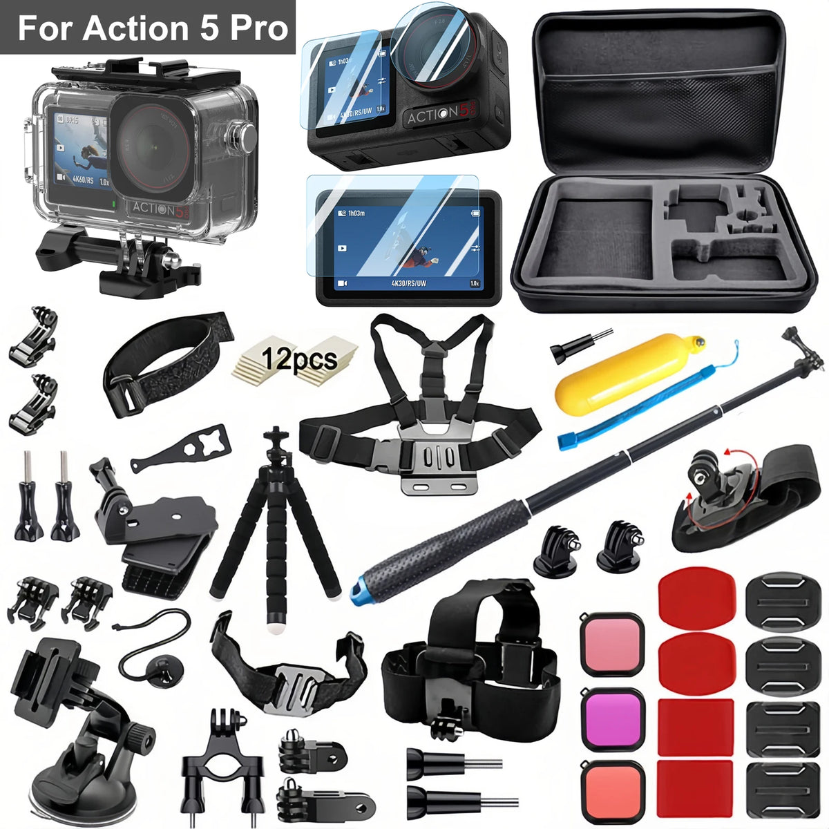 Accessories Bundle for DJI Osmo Action 5 Pro Action 4/3 Waterproof Housing Case Diving Silicone Cover Glass Screen Protector