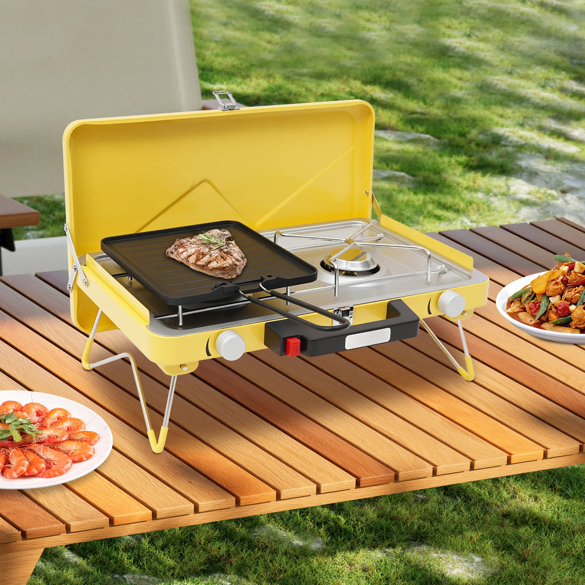 Foldable Windproof 2×3500W Outdoor Gas Stove, Compact Carry Case Design Adjustable Flame for Camping Tailgating BBQ