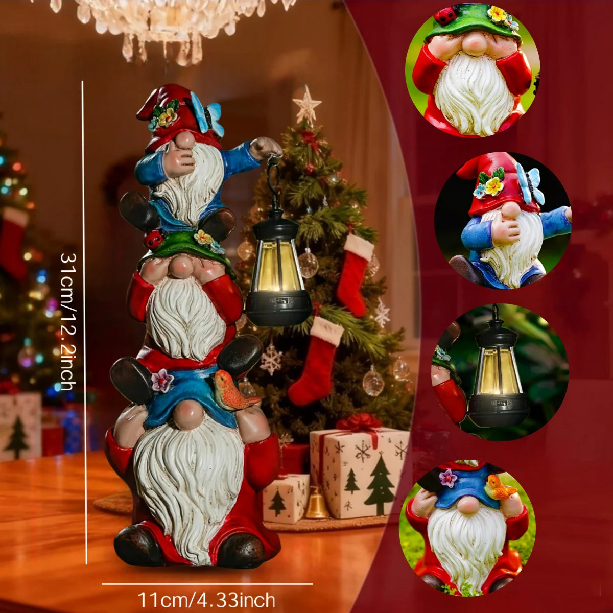 Christmas Outdoor Garden Solar Statue Lights Resin Triple Stack Elf Gnome Statues Funny Outdoor Decor for Patio Lawn Yard