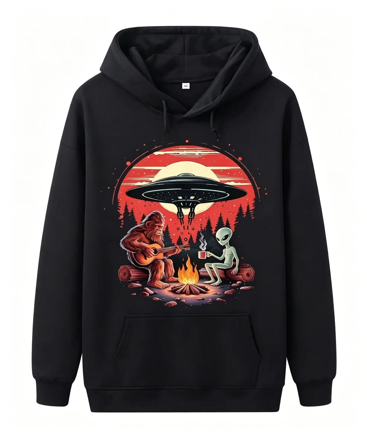 Unisex Alien and Bigfoot Campfire UFO Hoodie - Mysterious Creature Themed Sweater, Soft Breathable Cotton Blend Pullover with Kangaroo Pocket for Camping, Race Day and Mysterious Zoology Lovers (Black), Size S-XXXL, Lightweig