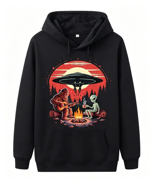 Unisex Alien and Bigfoot Campfire UFO Hoodie - Mysterious Creature Themed Sweater, Soft Breathable Cotton Blend Pullover with Kangaroo Pocket for Camping, Race Day and Mysterious Zoology Lovers (Black), Size S-XXXL, Lightweig