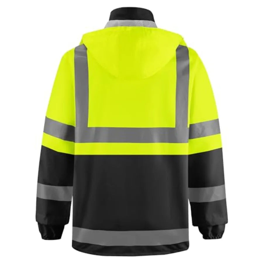 Reflective High Visibility Safety Jacket, Safety Rain Jacket with Hood, Lightweight Workwear for Outdoor Construction