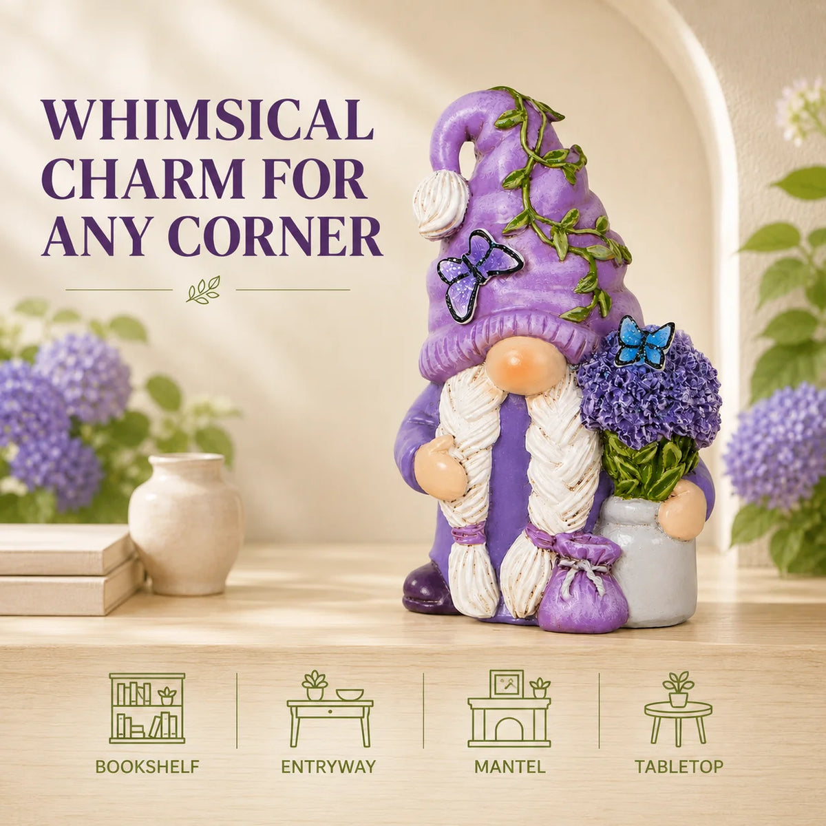 Hodao Lavender Dream Hydrangea Gnome Collectible Figurine, Resin Swedish Tomte Elf Dwarf with Braided White Hair, Butterfly Accents, Vine Hat and Potted Flowers, Spring Summer Garden Tabletop Decor for Shelf Mantel Desk Indoo