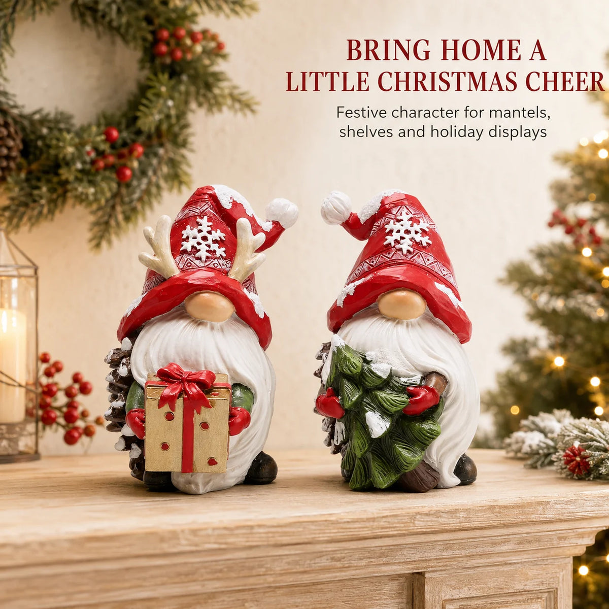 HODAO Resin Christmas Gnome Figurine Set, 2-Piece Nordic Tomte Pinecone Gnomes with Red Snowflake Hats, Reindeer Antlers, White Beards, Gift Box and Christmas Tree, Collectible Winter Tabletop Shelf Fireplace Mantel Decor, Ru
