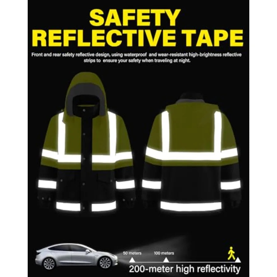 Reflective High Visibility Safety Jacket, Safety Rain Jacket with Hood, Lightweight Workwear for Outdoor Construction