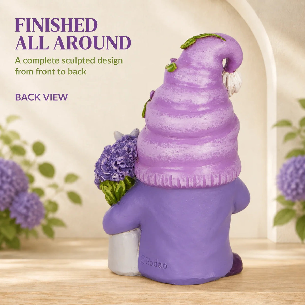 Hodao Lavender Dream Hydrangea Gnome Collectible Figurine, Resin Swedish Tomte Elf Dwarf with Braided White Hair, Butterfly Accents, Vine Hat and Potted Flowers, Spring Summer Garden Tabletop Decor for Shelf Mantel Desk Indoo