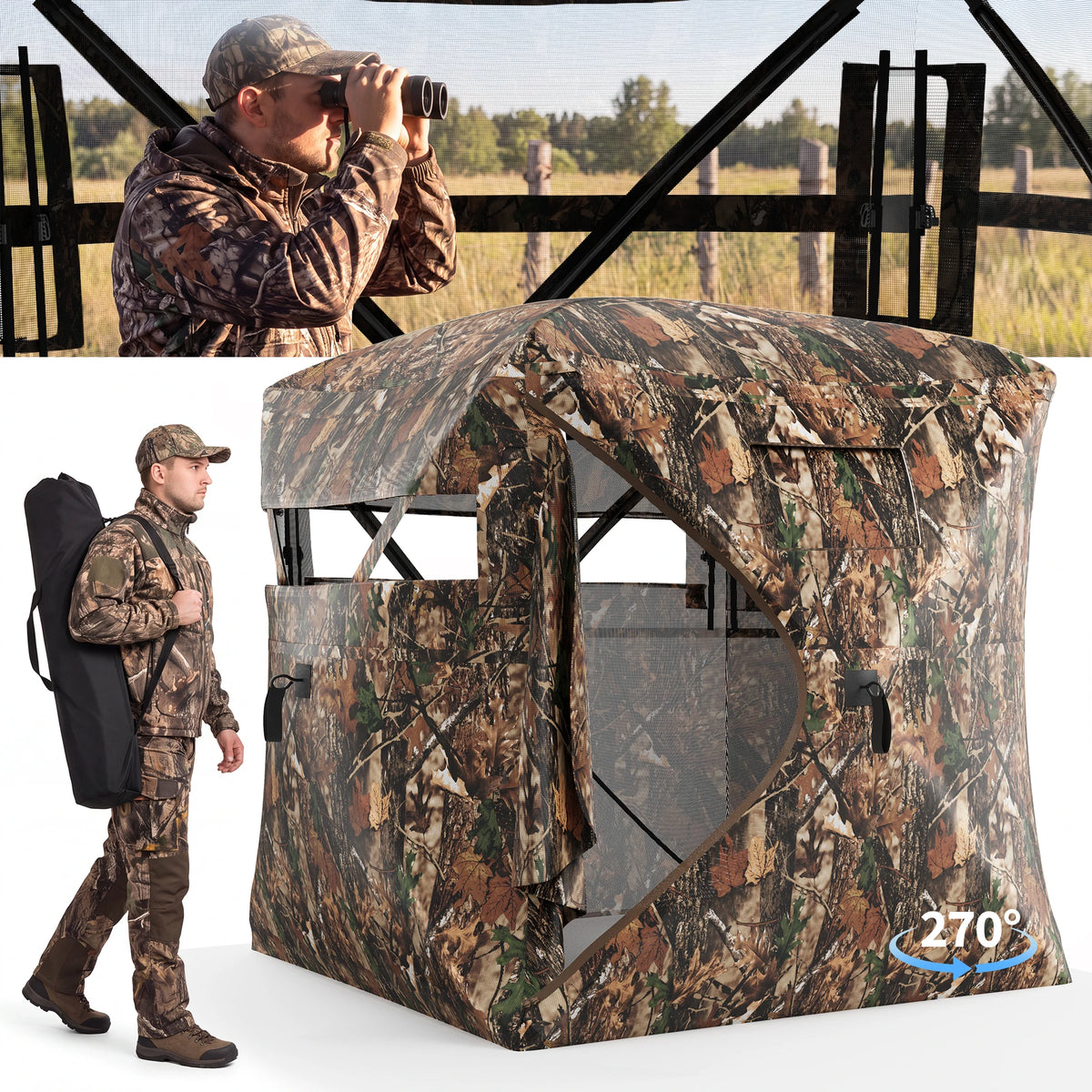 Hunting Blind 270/360 See Through Pop Up Outdoor Blind Tent for Deer Nature Observation Mesh Windows 58"x58"x66"