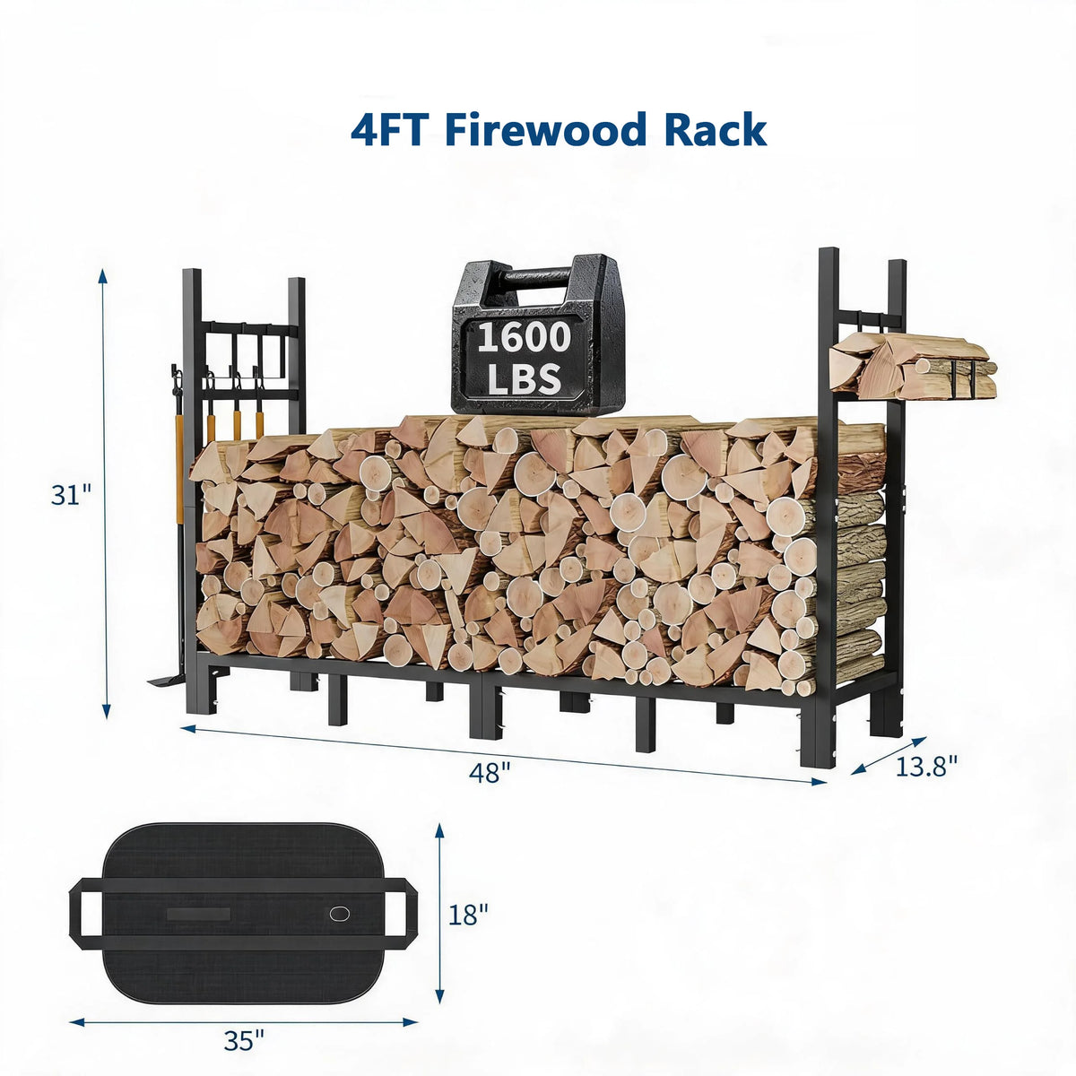 3/4/6/9FT Firewood Rack, 1200/1600/2000/3200 LBS Log Holder With Carrier Bag & Hooks, Indoor Outdoor Wood Storage For Fireplace