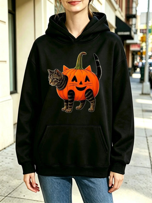 Women'S Hooded Sweatshirt Halloween Pumpkin Cat Hybrid Print Design Casual Basic Style Relaxed Fit, Fall Winter Daily Outdoor Lounge Work Wear, Soft Fleece Lined, Long Sleeve with Kangaroo Pocket, Multi-Colors
