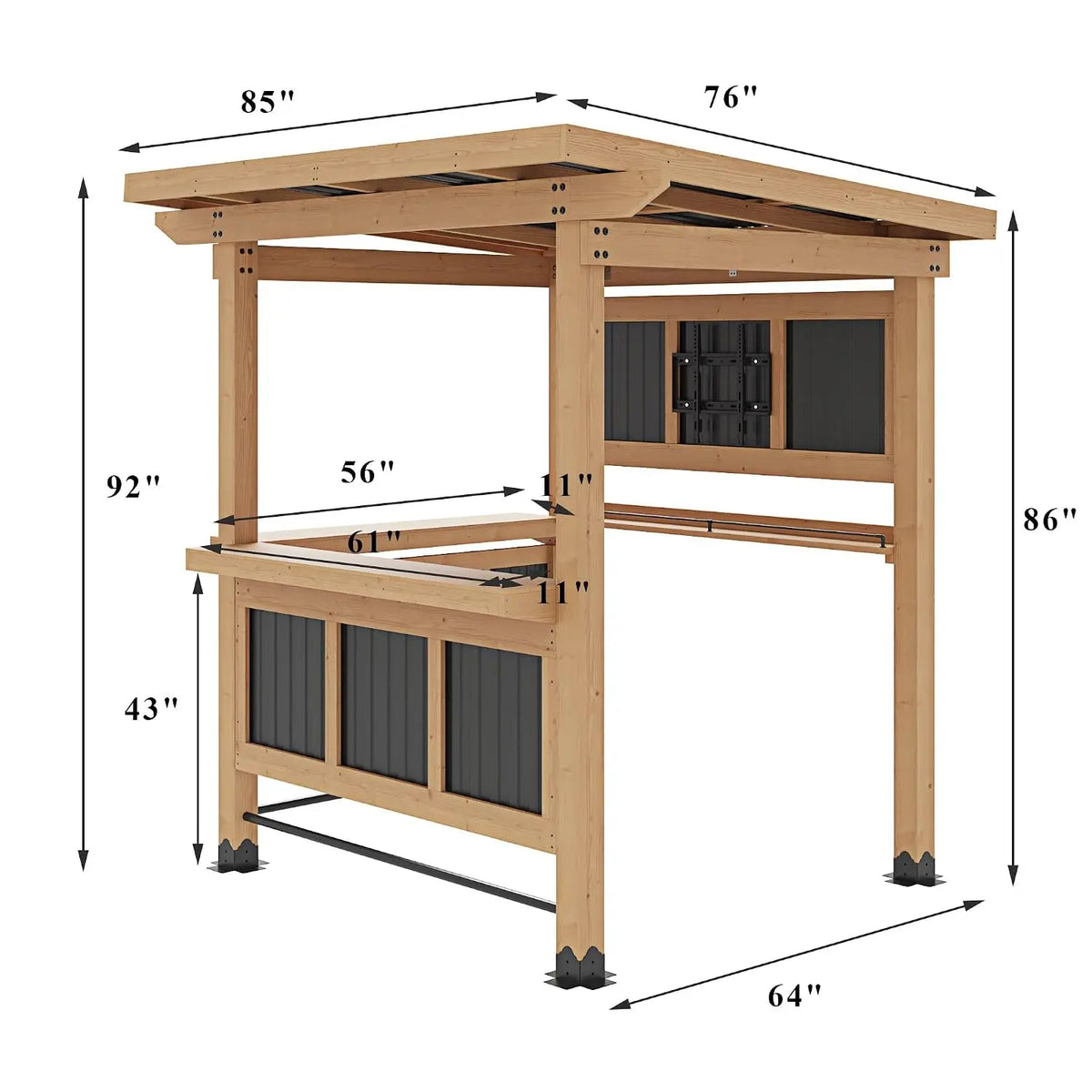6'×7' Outdoor Gazebo Bar, Cedar Wood Backyard Gazebo with Dual Counters, PVC Roof, TV Mount & Storage Shelves,, Customized