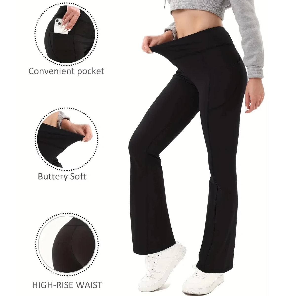 3Pcs Women's High-Waisted Slim Wide Leg Yoga Pants Fleece Lined Elastic Sports Lounge Pants with Pockets Pure Color Exercise Trousers for Fall/Winter
