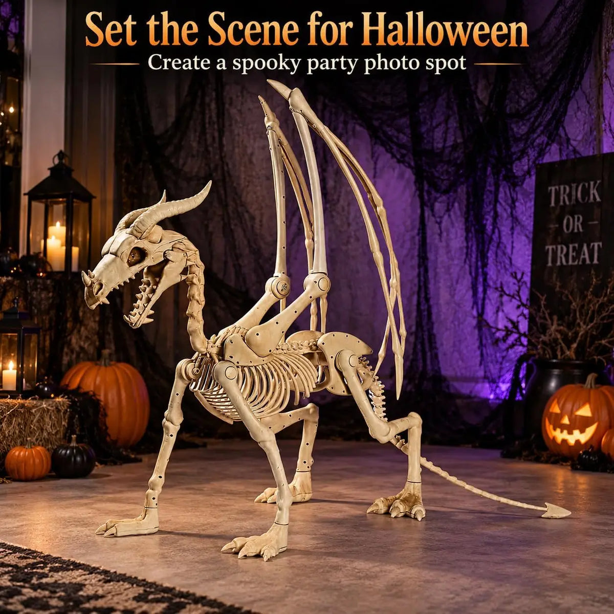 49" Giant Halloween Dragon Skeleton Decoration with Light-Up LED Eyes, Premium Weather-Resistant Outdoor Yard Decor, Skeleton Animal Prop for Halloween Outdoor Decorations