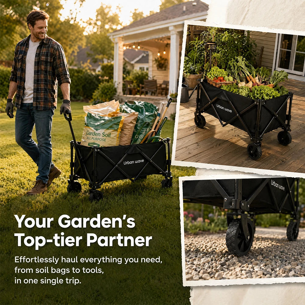 URBANWAVE Collapsible Wagon Cart with Wheels Foldable -Folding Utility Heavy Duty Wagons Carts for Grocery SportsGarden Shopping Camping Wheelbarrows (Black, 160L,450LBS)