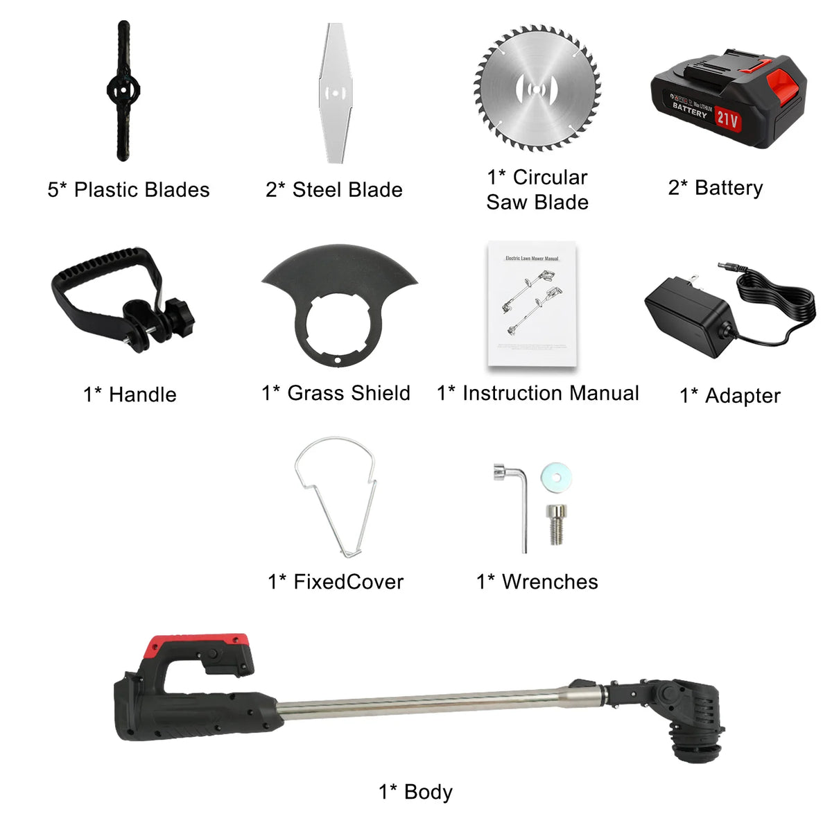 3-in-1 Grass Trimmer U-Handle 21V Weed Whacker Lawn Mowers 31.50-48.03 Inches Telescopic with 3 Blades 2 Batteries & Charger for Yard Garden Lawn & Shrub Trimming