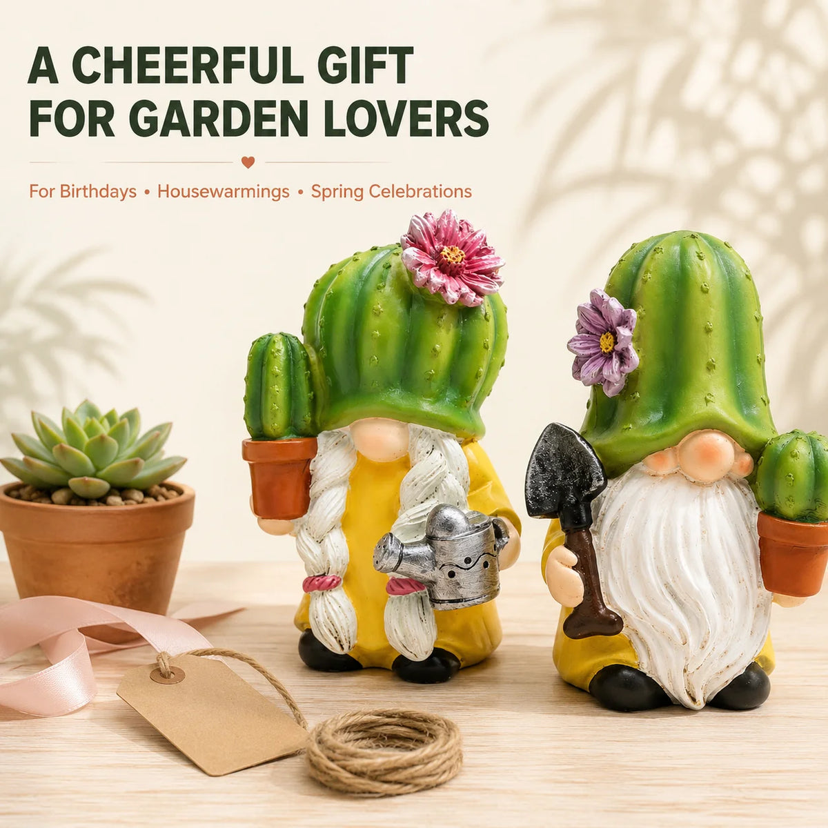 Hodao 2-Piece Cactus Gnome Figurine Set, Resin Gardener Couple with Flowering Succulent Hats, Potted Plants, Watering Can and Trowel, Collectible Farmhouse Tabletop Decor for Kitchen Shelf, Patio, Sunroom, Housewarming, Birth