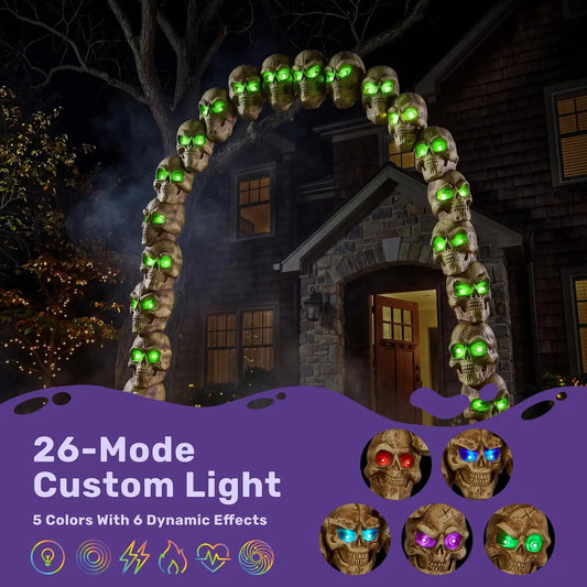 7.2ft Halloween RGB Skull Archway Decoration Outdoor Scary Giant Skeleton Decor with LED & 6 Light Modes(5 Colors), Arch Spooky Halloween Decor for Yard Garden Lawn Haunted House Party Supplies
