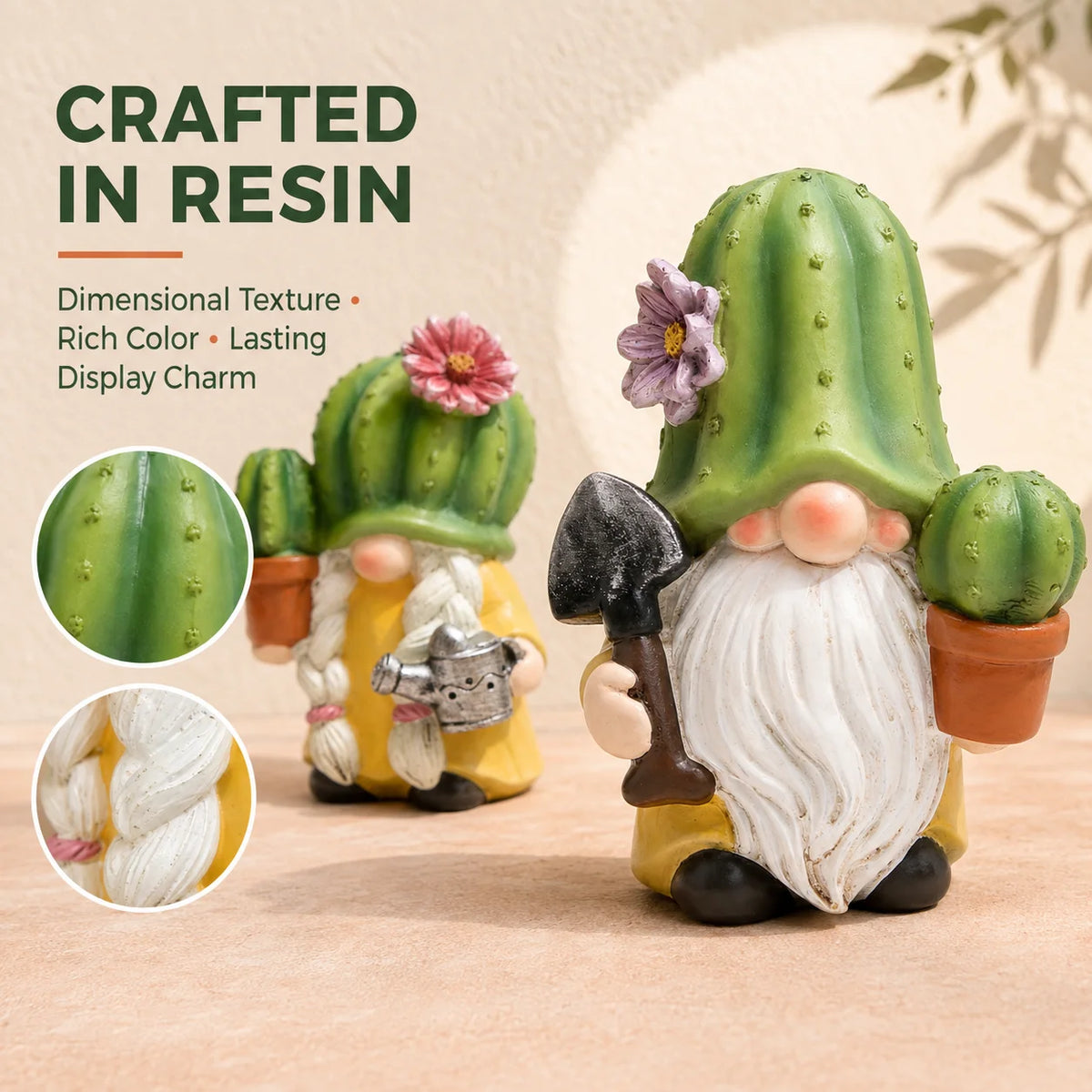 Hodao 2-Piece Cactus Gnome Figurine Set, Resin Gardener Couple with Flowering Succulent Hats, Potted Plants, Watering Can and Trowel, Collectible Farmhouse Tabletop Decor for Kitchen Shelf, Patio, Sunroom, Housewarming, Birth