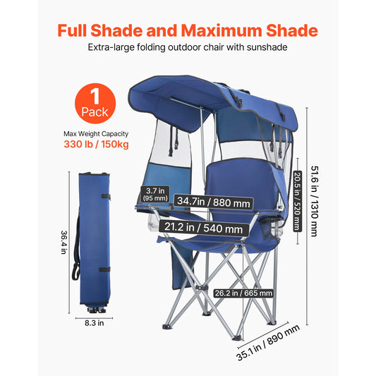 SucceBuy 330lbs Camping Chair with Canopy Shade Magazine Pocket 2 Cup Holders Carry Bags for Outdoor Fishing Tailgates Deep Blue