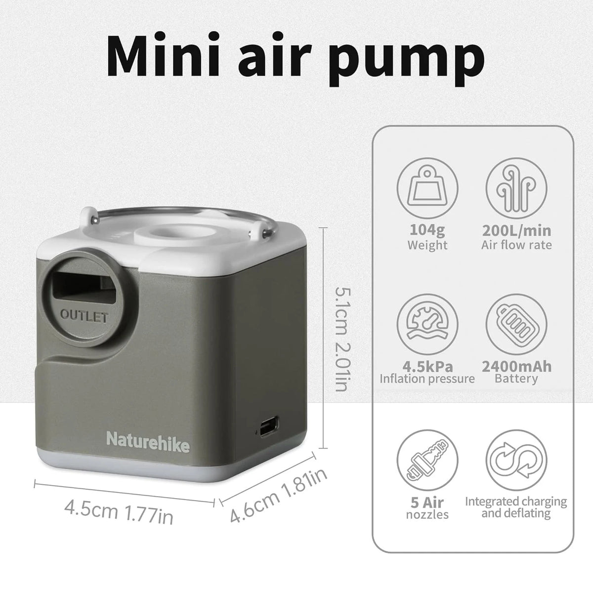 Naturehike Wind-air Pump 2400mAh USB-C Rechargeable Mini Air Pump with Light Portable Electric Air Pump for Air Mattresses Inflator/Deflator Pump