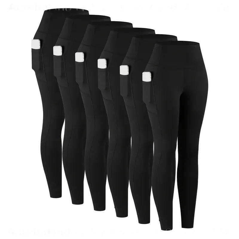 6Pcs Women High‑Waist Leggings With Pockets Soft Stretchy Workout Yoga Pants Tummy‑Control Athletic Running Gym Tights Casual Activewear For Ladies Daily Fitness