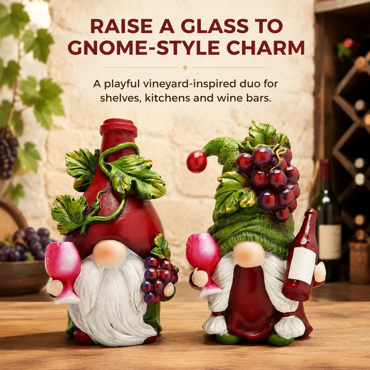 Hodao Wine Lover Gnome Statue Pair, Resin Figurines with Burgundy Bottle Hat, Green Grape Cap, Pink Goblets, Leaf Accents and White Beards, Whimsical Collectible Home Bar Decor for Kitchen Countertop, Winery Shelf, Hostess, B