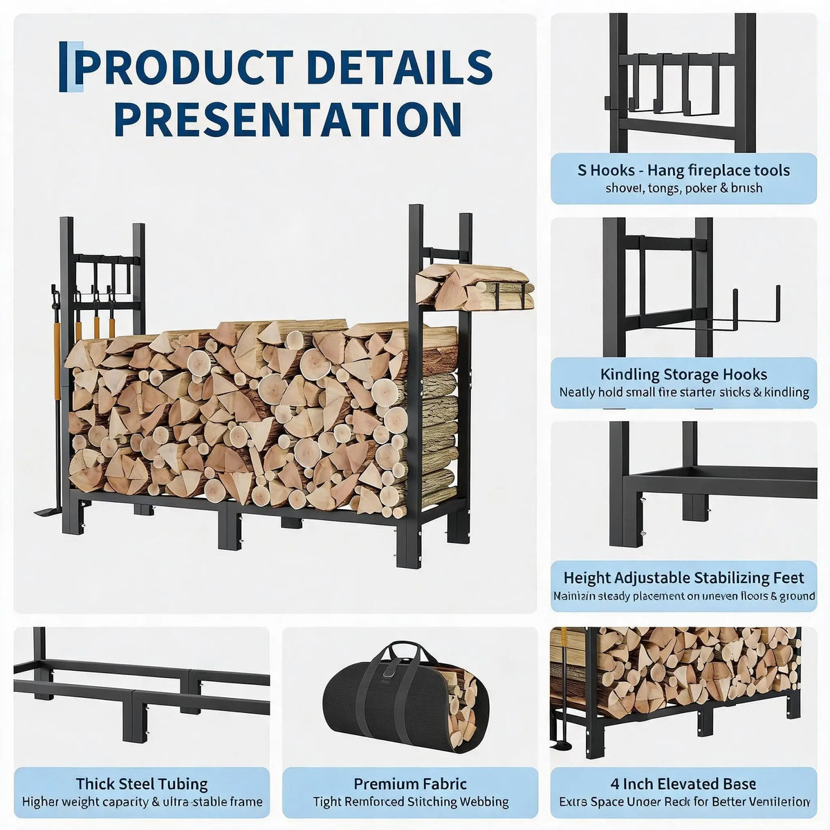 3/4/6/9FT Firewood Rack, 1200/1600/2000/3200 LBS Log Holder With Carrier Bag & Hooks, Indoor Outdoor Wood Storage For Fireplace