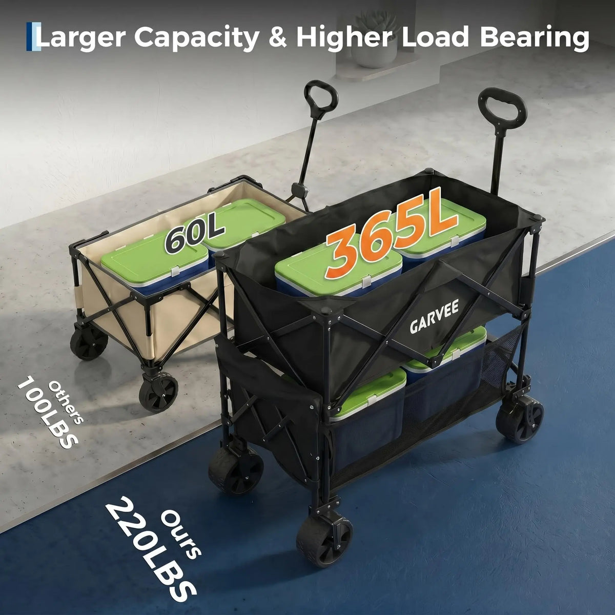 2-Tier Collapsible Garden Wagon Cart 220 lb Heavy-Duty Folding Utility Wagon 120L Expandable Storage All-Terrain Wheels Brakes Cup Holders