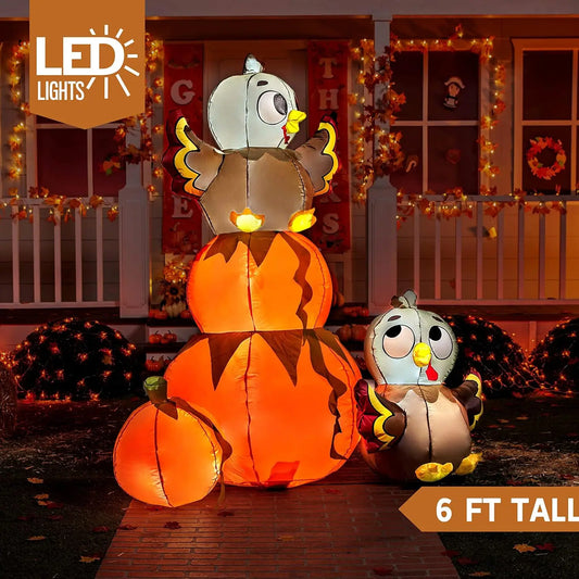 6 FT Thanksgiving Inflatable Stacking Pumpkin Turkey With Built-in LEDs Blow Up Outdoor Decorations for Yard Garden Halloween Inflatable for Thanksgiving
