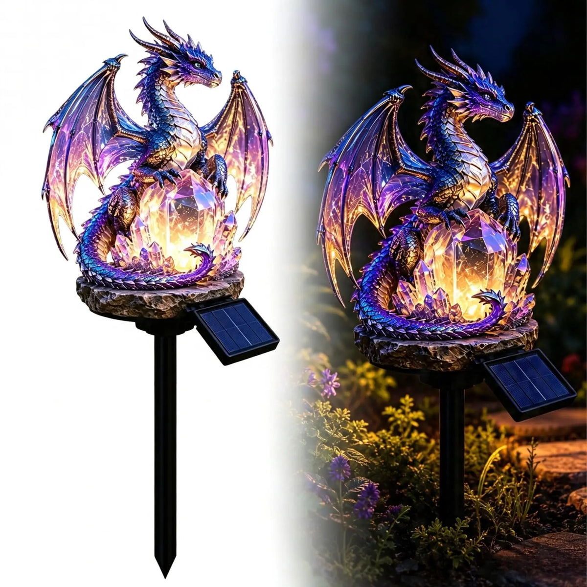 Solar Dragon Garden Light 25cm Resin Golden Accents Auto-On Dusk Sensor Statue Lamp Weatherproof For Patio