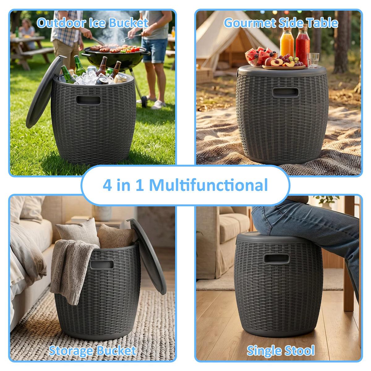 Round Rattan Look Resin Ice Bucket with Lid, Weatherproof Outdoor Storage Side Table for Patio Pool Backyard Drinks