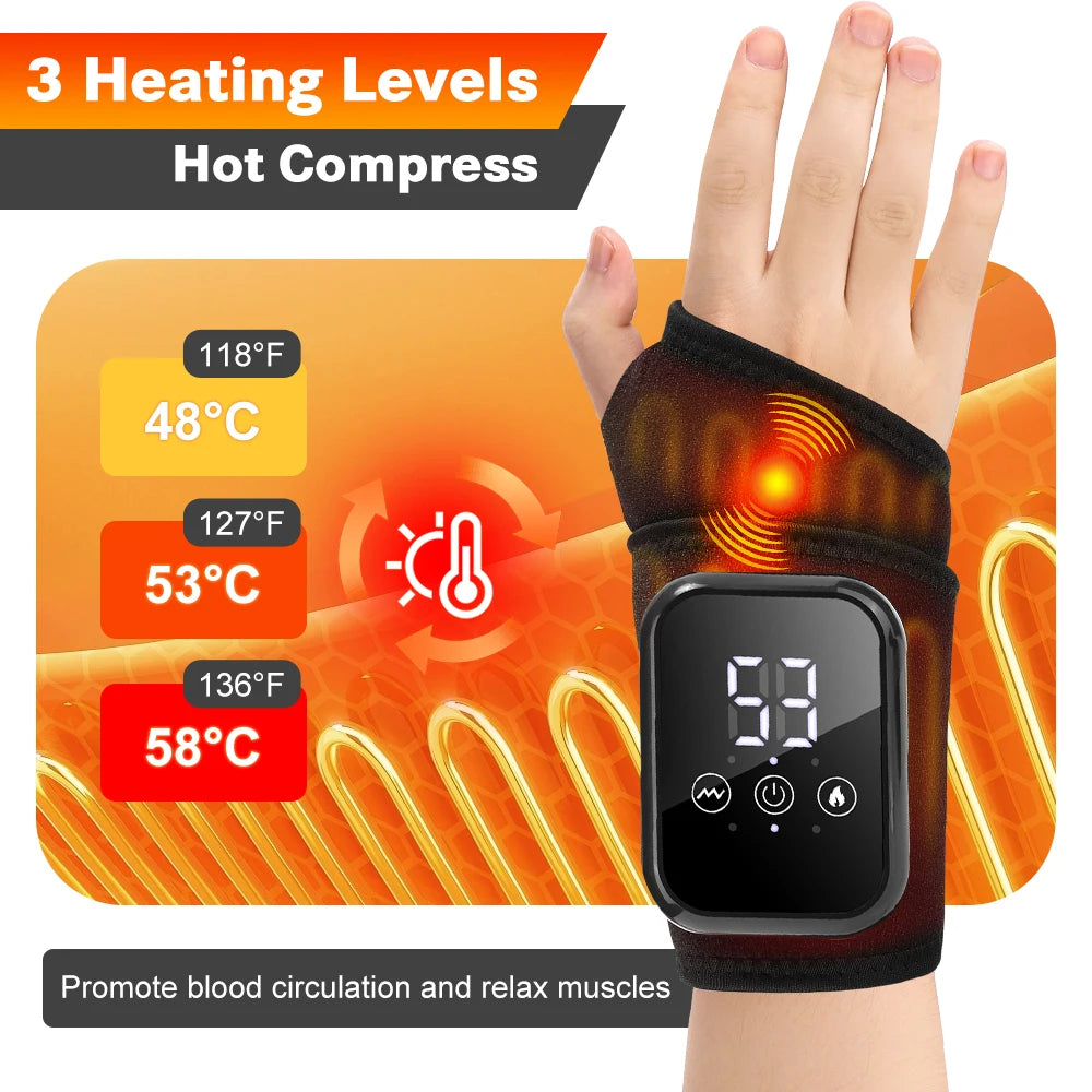 Heated Wrist Brace 3 Heat Levels 3 Vibration Modes Rechargeable Black Wrap Adjustable Strap Type-C for Office Typing Home
