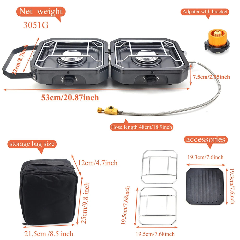 New Design Outdoor  BBQ  Grill Dual  Gas Burner  with BBQ Pan Foldable  Double 2300W Power Portable  For Camping Fishing Hiking