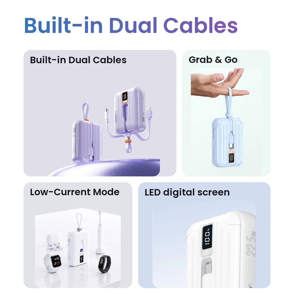 PISEN 22.5W Mini Portable 10000mAh Power Bank Built-in Dual Cables Type-C&Lightning Multi-Port Fast Charging 3 Device Simultaneous Charg With LED Display