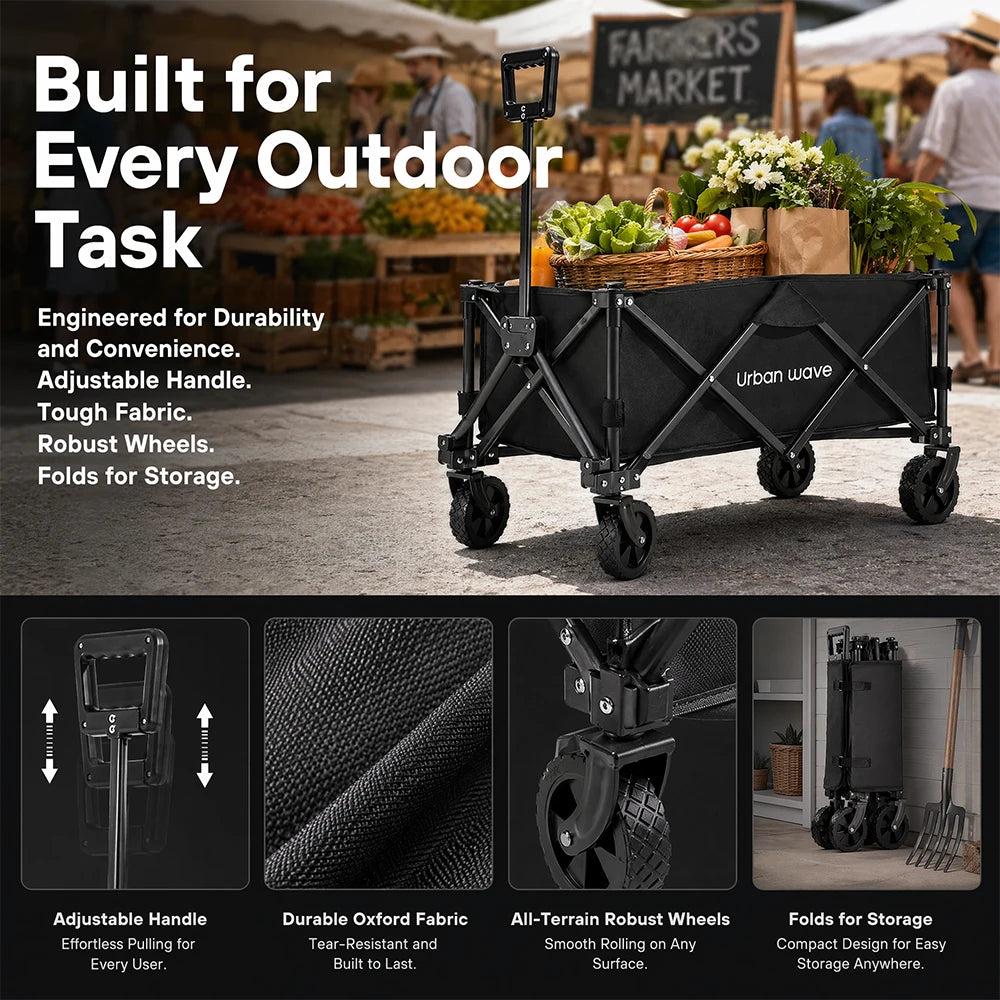URBANWAVE Collapsible Wagon Cart with Wheels Foldable -Folding Utility Heavy Duty Wagons Carts for Grocery SportsGarden Shopping Camping Wheelbarrows (Black, 160L,450LBS)