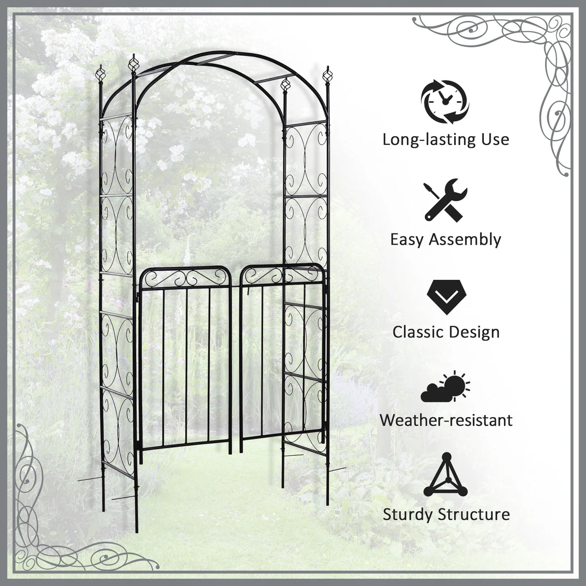 2.1M/85" Metal Garden Arbor Arch w/ Gate, Backyard Decor Climbing Planter Frame