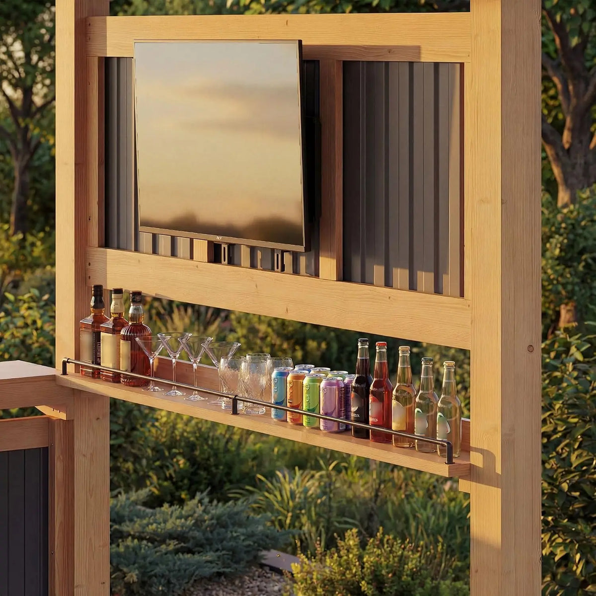 6'×7' Outdoor Gazebo Bar, Cedar Wood Backyard Gazebo with Dual Counters, PVC Roof, TV Mount & Storage Shelves,, Customized
