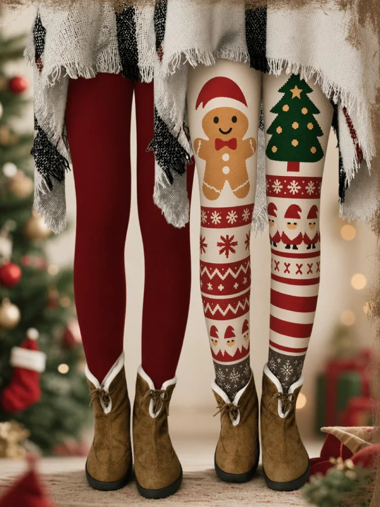 2026 New Style Women's Milk Silk Tight Pants, with a Cream-Colored Gingerbread Man Christmas Tree Pattern and a Snowflake Mosaic Print, Pure Red Tight Pants, with an Elastic High-Waist Design, Suitable for Daily Casual Wear a