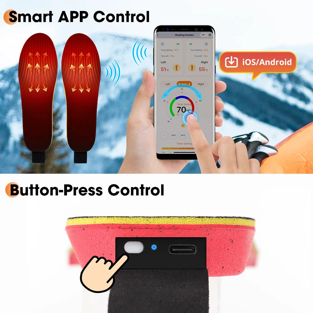 Cordless Heated Insoles APP Control Electric Foot Warming Pad for Winter Outdoor Ski Adjustable Temperature Feet Heater Shoe Pad for Women Men 3000mAh Wireless
