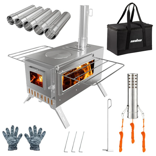 Hot Tent Stove, Unho Wood Burning Stove, Portable Wood Stove with 6 Stainless Chimney Pipes for Outdoor Heating & Cooking