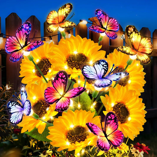 Upgraded 2/4 Pack Solar Garden Lights Outdoor Decor Solar Sunflower Lights with 16 Butterflies Waterproof Solar Flowers for Yard Lawn Garden Decor Sunflower Gifts for Mom Women Grandma