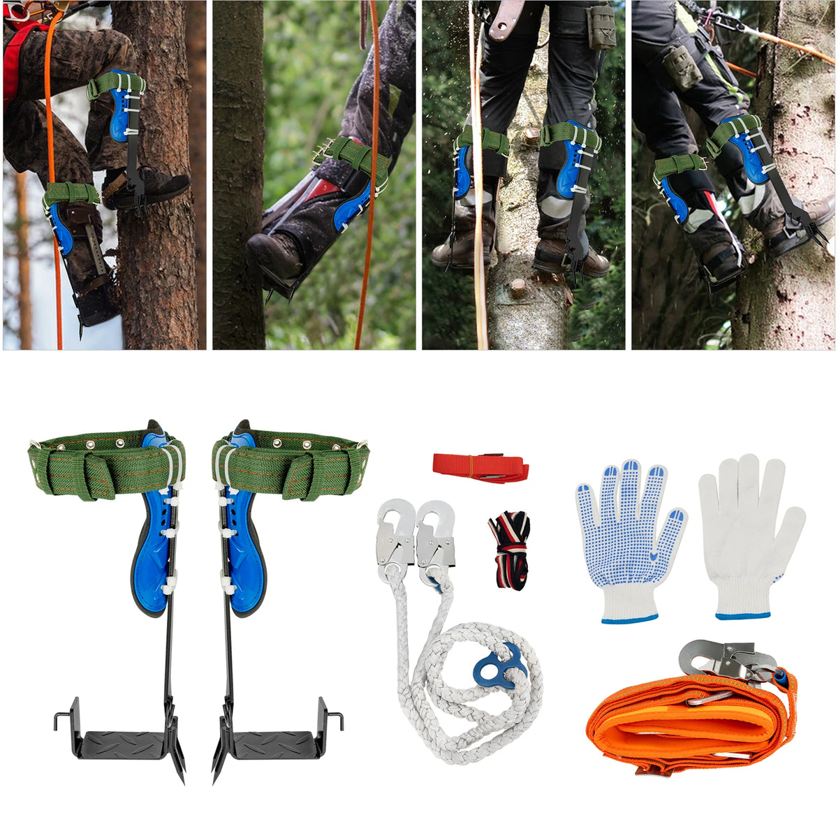 Tree Climbing Tool Arborist Spikes Kit 220lbs Load with Safety Harness Rope Foot Straps for Logging Hunting Fruit Picking Rescue