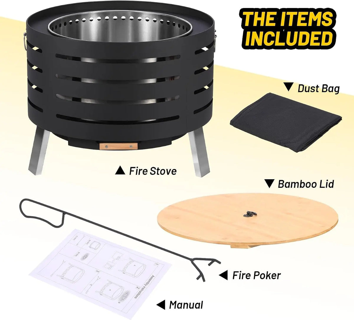 Garvee 26inch Smokeless Table Top Fire Pit with Removable Ash Pan, Bamboo Lid Waterproof Cover, Portable Outdoor Firepit for Patio, Backyard, Camping, Bonfire