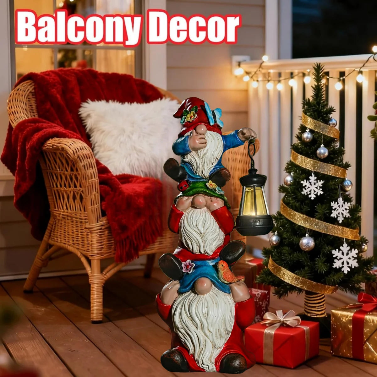 Christmas Outdoor Garden Solar Statue Lights Resin Triple Stack Elf Gnome Statues Funny Outdoor Decor for Patio Lawn Yard