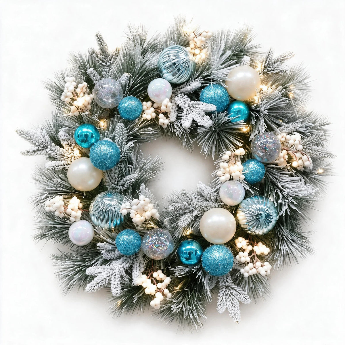 24 Inch Flocked Blue Christmas Wreath For Front Door, 20 Warm LED Lights, 8 Modes & Timer, Battery Operated, Snowy Pine & White Berries