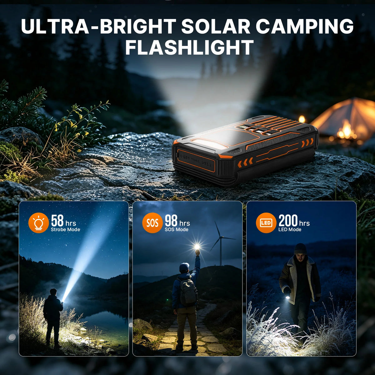48000mAh Solar Power Bank Portable 4 Solar Panels 5V/3A PD15W Fast Charging Built-in 4 Cables Outdoor Camping Road Trip Emergency Poverbank External Battery