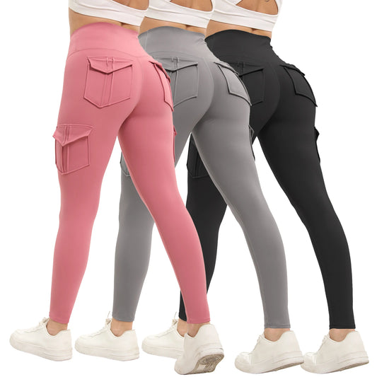 3PCS Women's High-Waisted Solid Color Gym Leggings with Practical Pocket Stretch Fitness Yoga Pants Cargo Style for Outdoors Sports