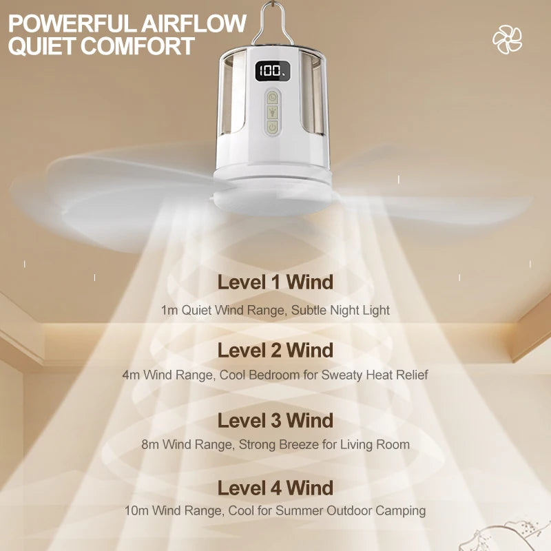 NEW Portable Camping LED Ceiling Fan with RGB Ambient Light 4 Gear Rechargeable Tent Hanging Fans for Bedroom Dorm Home Travel